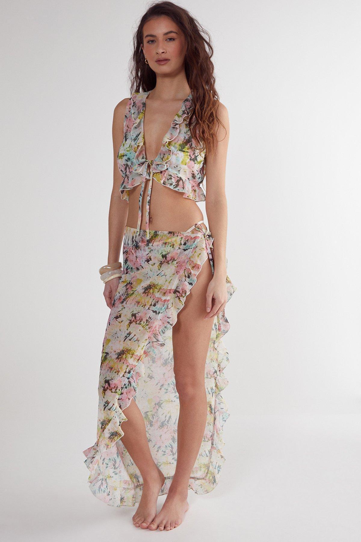 Tie Dye Ruffle Tie Front Beach Top Product Image