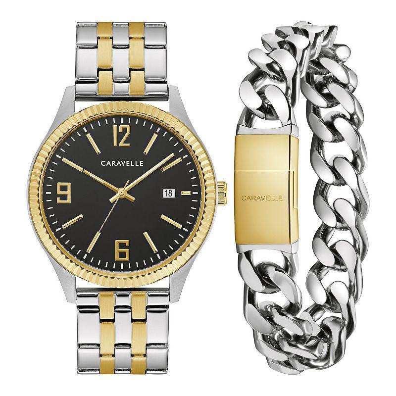 Caravelle by Bulova Mens Two-Tone Stainless Steel Black Dial Watch & Two-Tone Link Bracelet Box Set Two Tone Product Image