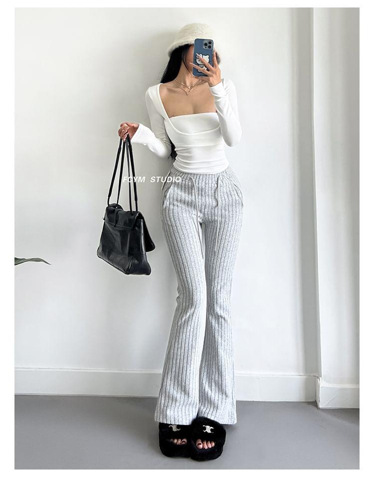 Drawstring Waist Plain Ribbed Flared Pants Product Image