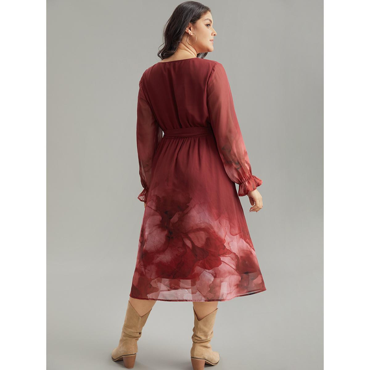 Plus Size Floral Mesh V Neck Belted Dress Scarlet Women Vacation Wrap Overlap Collar Long Sleeve Curvy Midi Dress BloomChic 30/6X Product Image