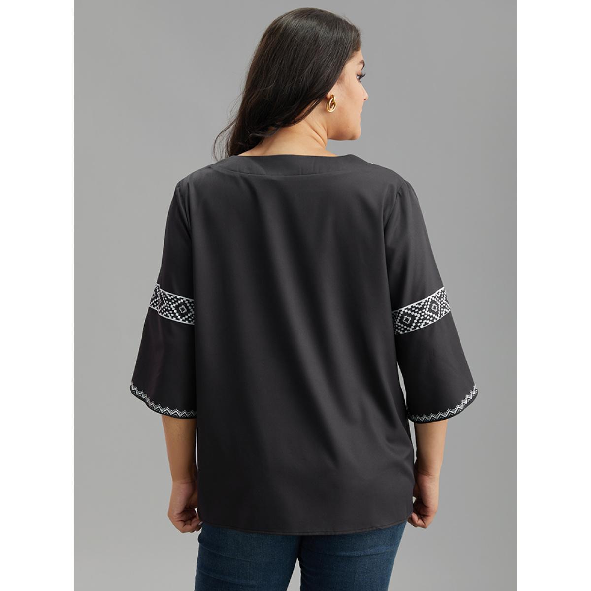 Plus Size Black Boho Print Patchwork V Neck Blouse Women Vacation Elbow-length sleeve V-neck Dailywear Blouses BloomChic 14-16/1X Product Image