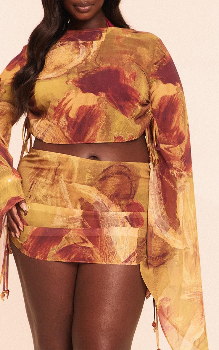 Plus Green Abstract Print Bead Trim Chiffon Beach Top Product Image