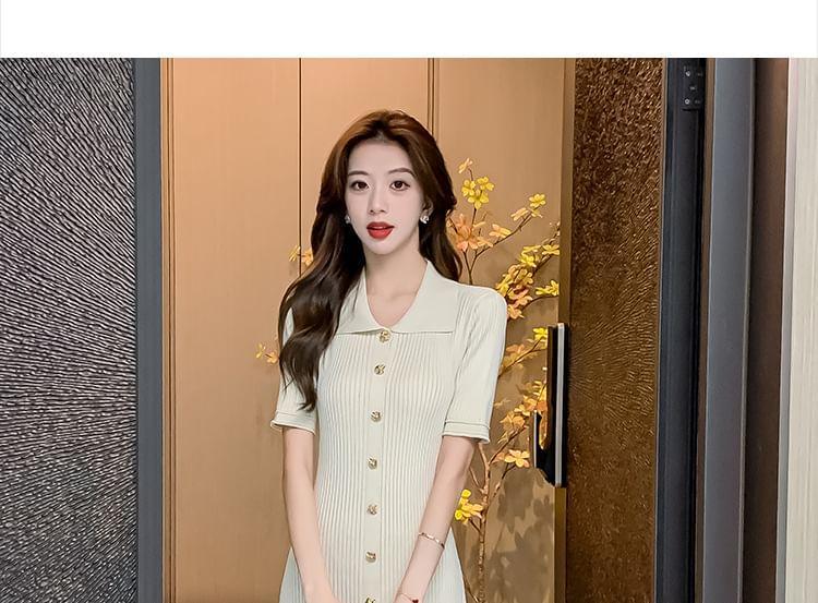 Short-Sleeve Collar Plain Button Midi A-Line Knit Dress Product Image