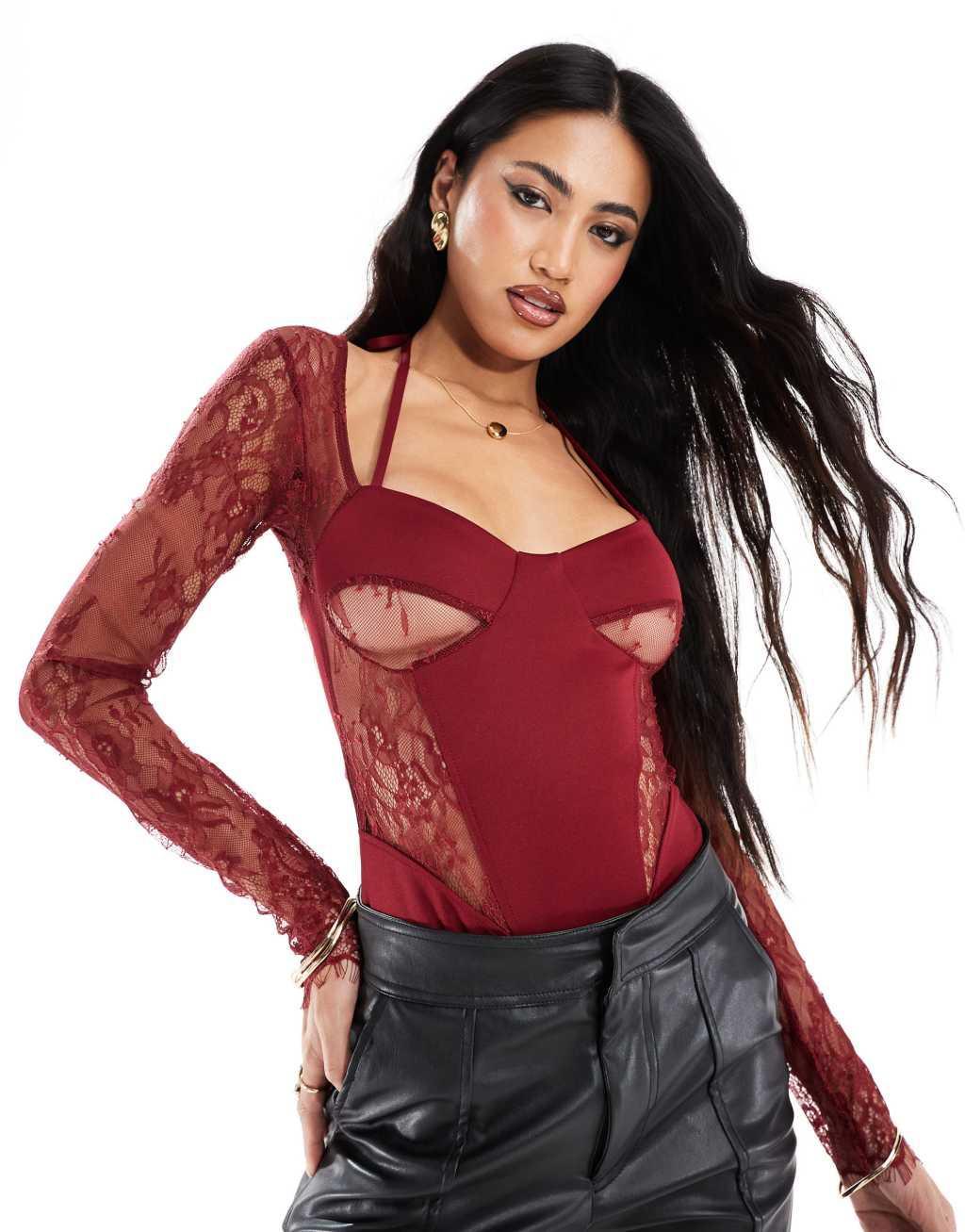 ASOS DESIGN lace insert corset bodysuit with shrug detail in burgundy Product Image