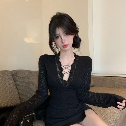 Long Sleeve V-Neck Plain Lace Up Lace Top Product Image