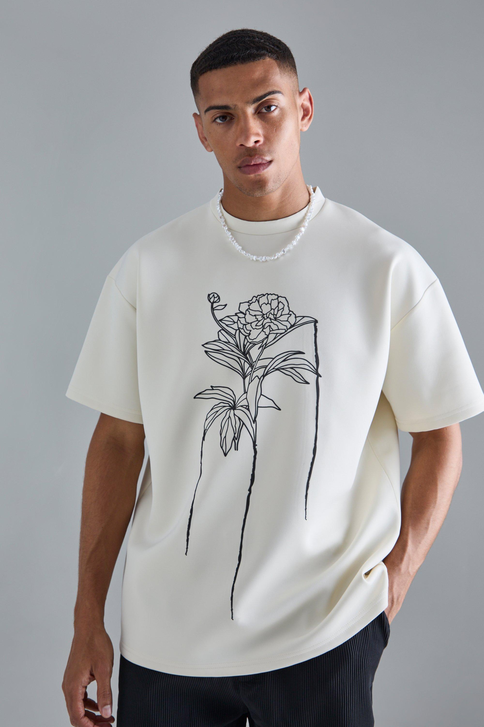 Oversized Floral Line Drawing Scuba T-shirt | boohooMAN USA Product Image