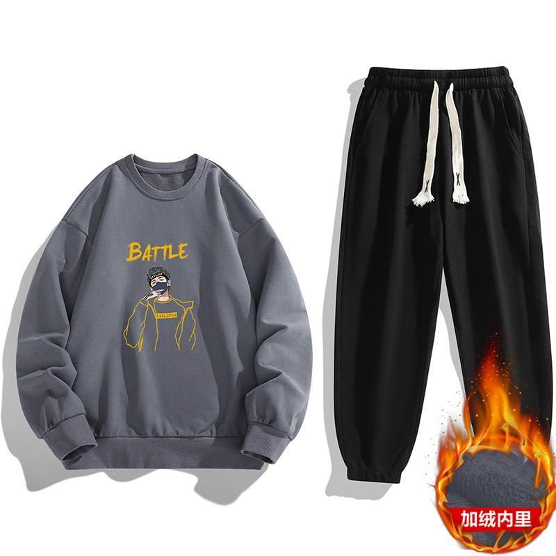 Set: Crew Neck Cartoon Print Sweatshirt + Drawstring Waist Plain Sweatpants Product Image