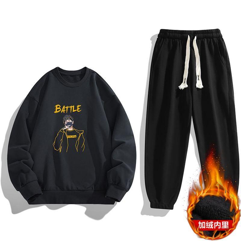 Set: Crew Neck Cartoon Print Sweatshirt + Drawstring Waist Plain Sweatpants Product Image