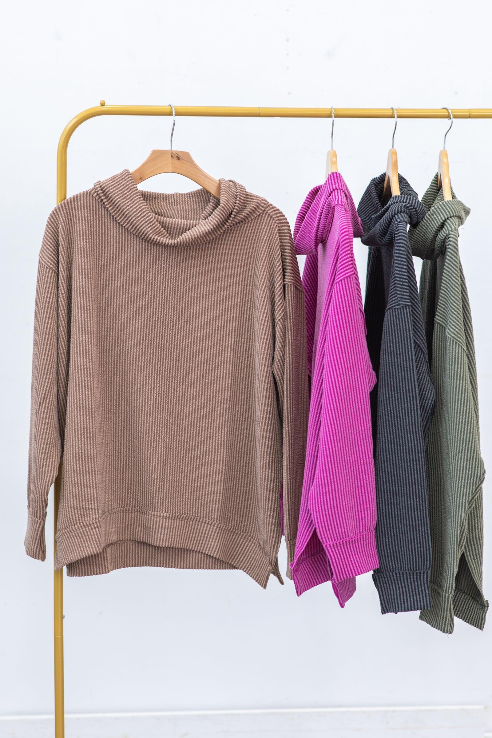 Ribbed Cowl Neck Long Sleeve Knit Top Product Image