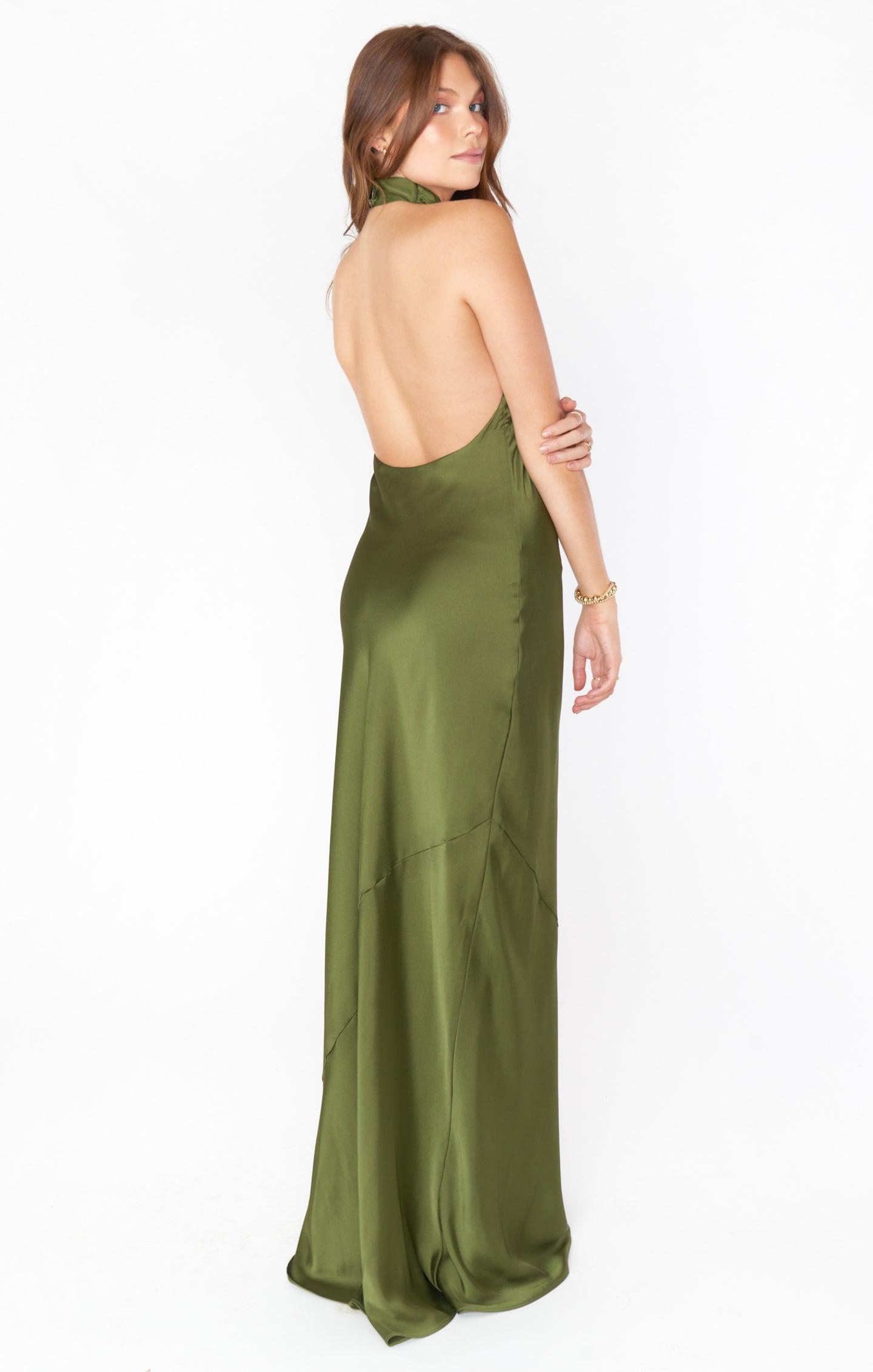 Jasmine Halter Maxi Dress ~ Rich Olive Luxe Satin Product Image