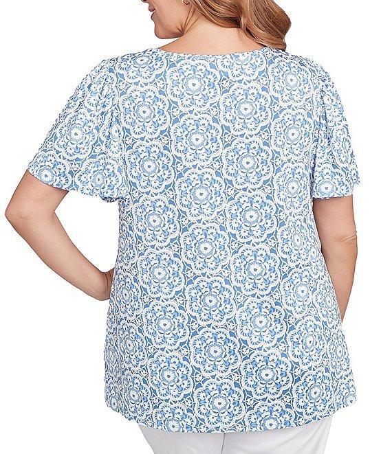 Ruby Rd. Plus Size Embellished Beaded Macrame Scoop Neck Short Sleeve Top Product Image