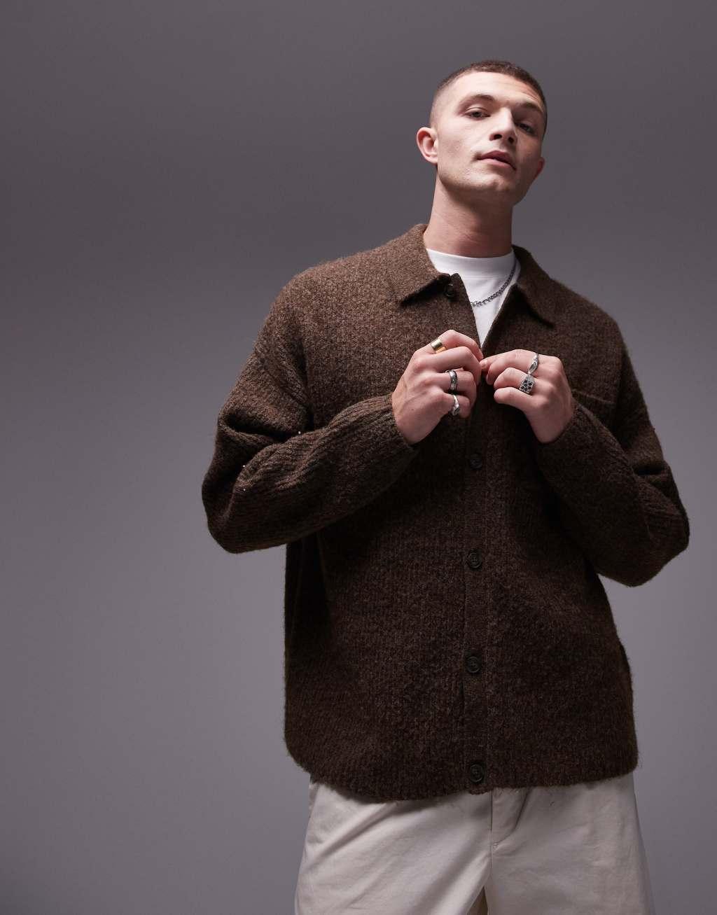 Topman relaxed fit brushed collared cardigan in brown heather Product Image