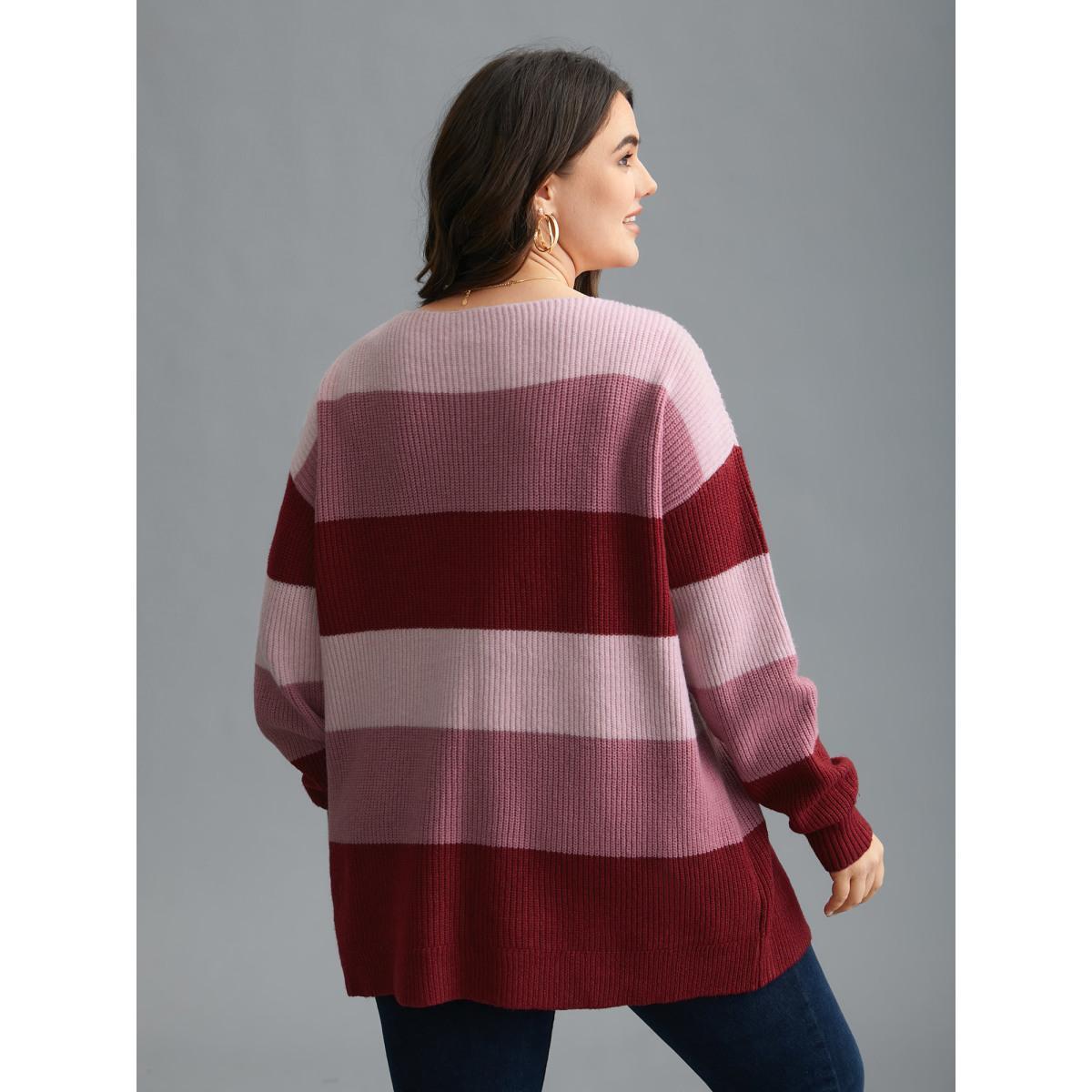 Plus Size Supersoft Essentials Color Block Drop Shoulder Pullover RedViolet Women Casual Loose Long Sleeve V-neck Everyday Pullovers BloomChic 18-20/2X Product Image