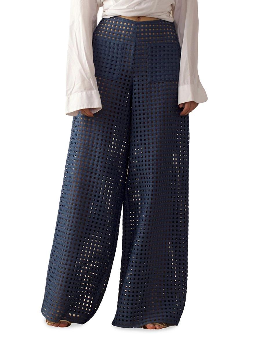 Womens Lattice Linen Wide-Leg Pants Product Image