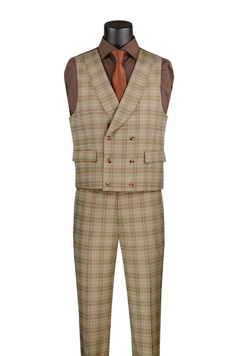 Khaki Modern Fit Windowpane Peak Lapel 3 Piece Suit Product Image