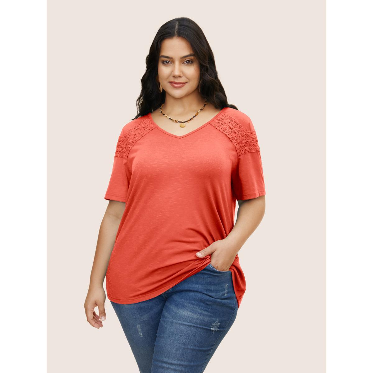 Plus Size Plain V Neck Lace Panel T-shirt OrangeRed Women Resort Patchwork V-neck Vacation T-shirts BloomChic 22-24/3X Product Image