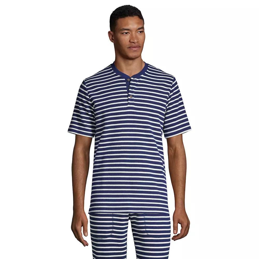 Men's Lands' End Waffle Pajama Sleep Henley, Size: Large, Navy Ivory Stripe Product Image