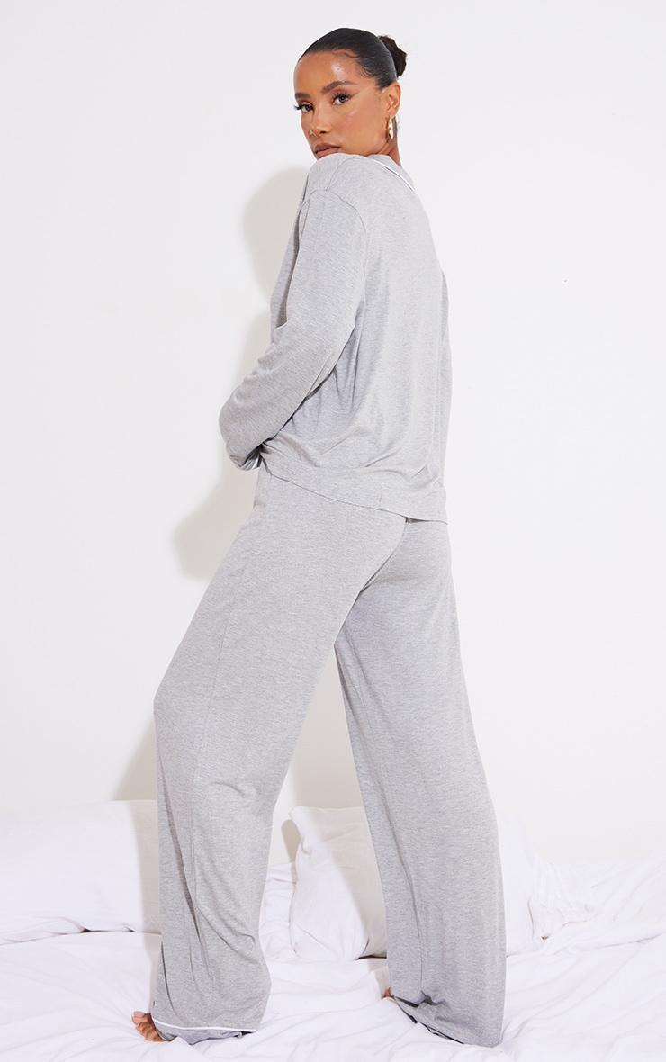 Grey Jersey Piping Detail Long PJ Set Product Image