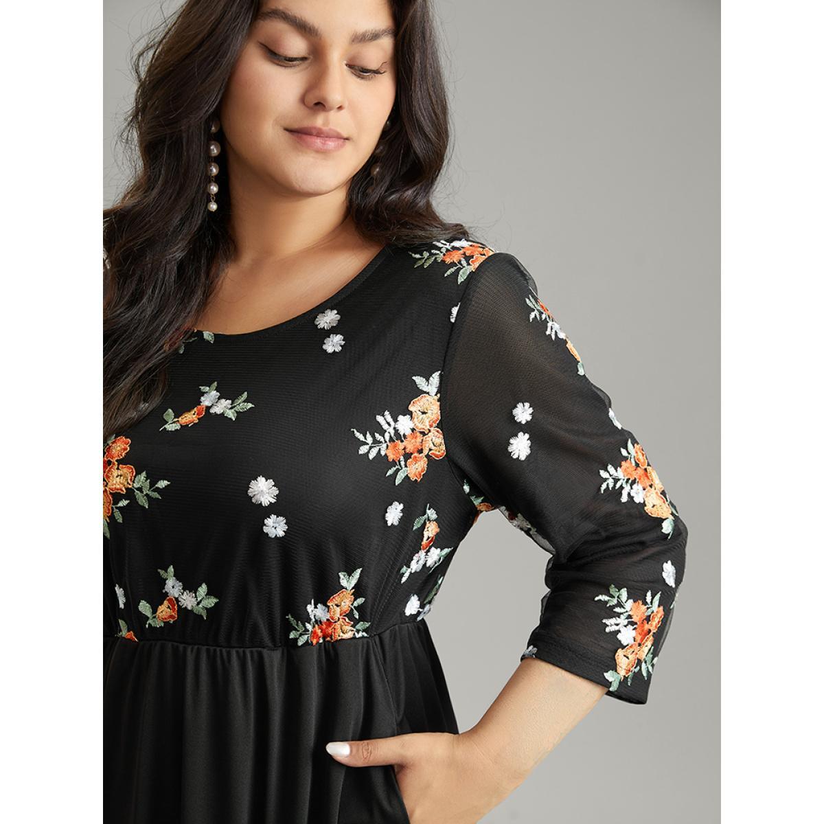 Plus Size Floral Embroidered Mesh Patchwork Elastic Waist Dress Black Women Cocktail Patchwork Round Neck Elbow-length sleeve Curvy Midi Dress BloomChic 14-16/1X Product Image