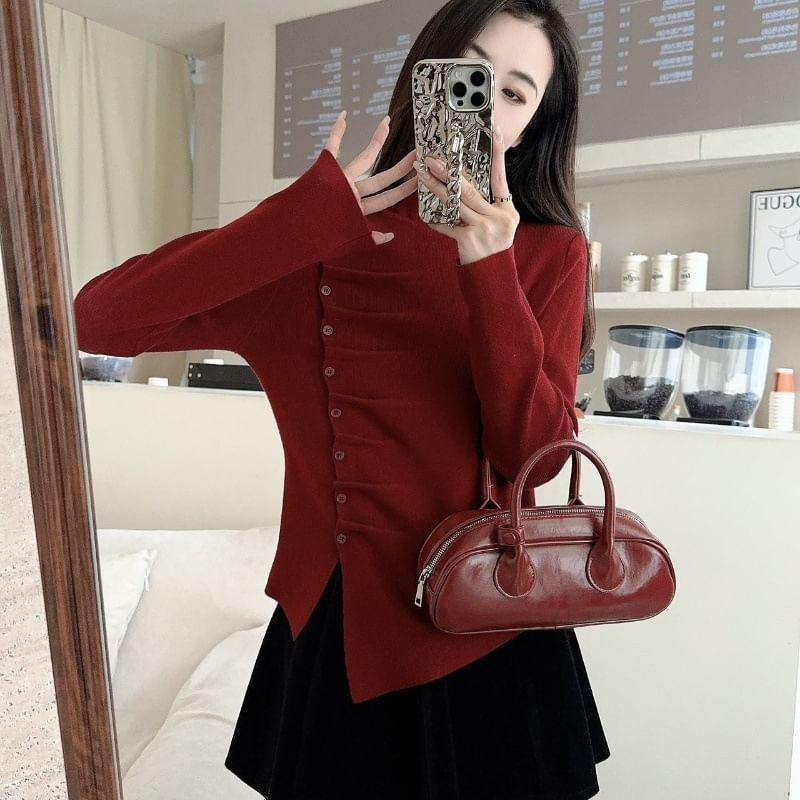 Mock Neck Plain Button Up Ribbed Knitted Ruched Sweater Product Image