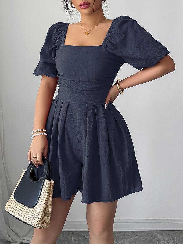 A-Line Half Sleeves Elasticity Pleated Solid Color Square-Neck Rompers Product Image
