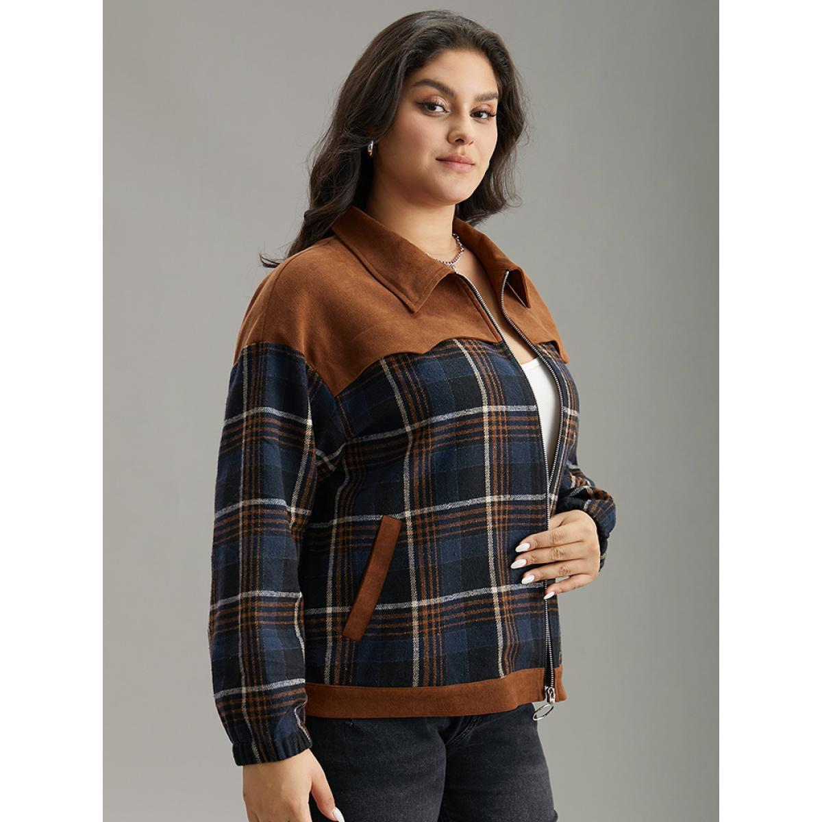 Plus Size Plaid Patchwork Pocket Lapel Collar Zipper Fly Jacket Women Multicolor Contrast Pocket Dailywear Jackets BloomChic 10/M Product Image