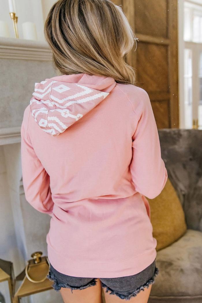 Pink Aztec Print Patchwork Thumb Hole Hoodie Product Image