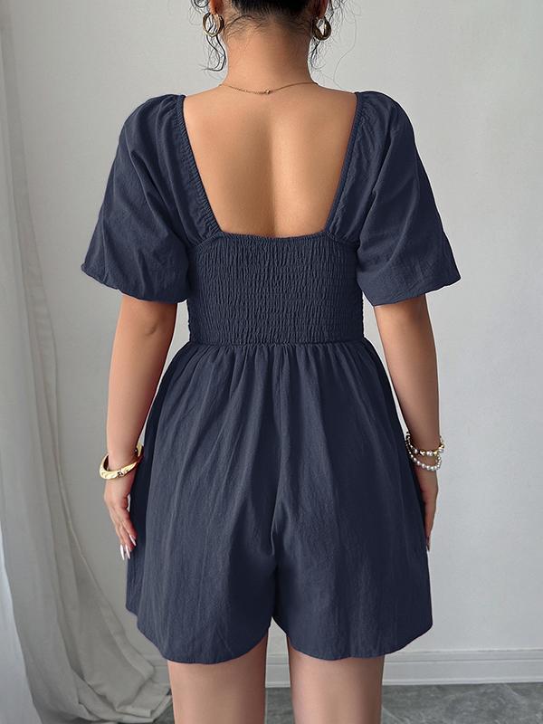 A-Line Half Sleeves Elasticity Pleated Solid Color Square-Neck Rompers Product Image