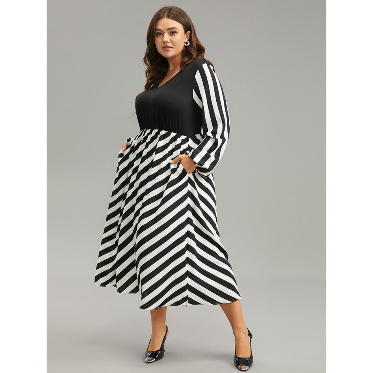 Plus Size Striped Patchwork Elastic Waist Lantern Sleeve Dress Black Women At the Office Elastic cuffs V-neck Long Sleeve Curvy Midi Dress BloomChic 26/4X Product Image