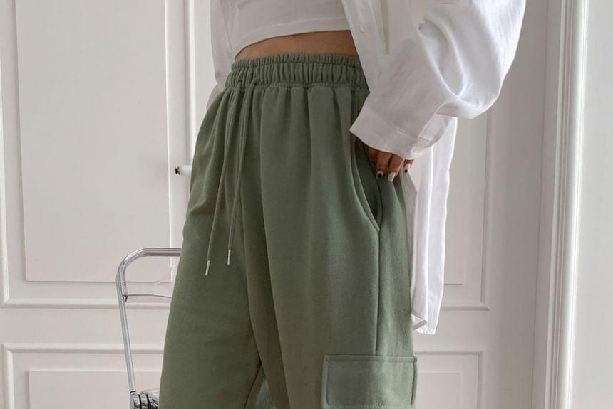 Drawstring Waist Plain Loose-Fit Cargo Sweatpants Product Image