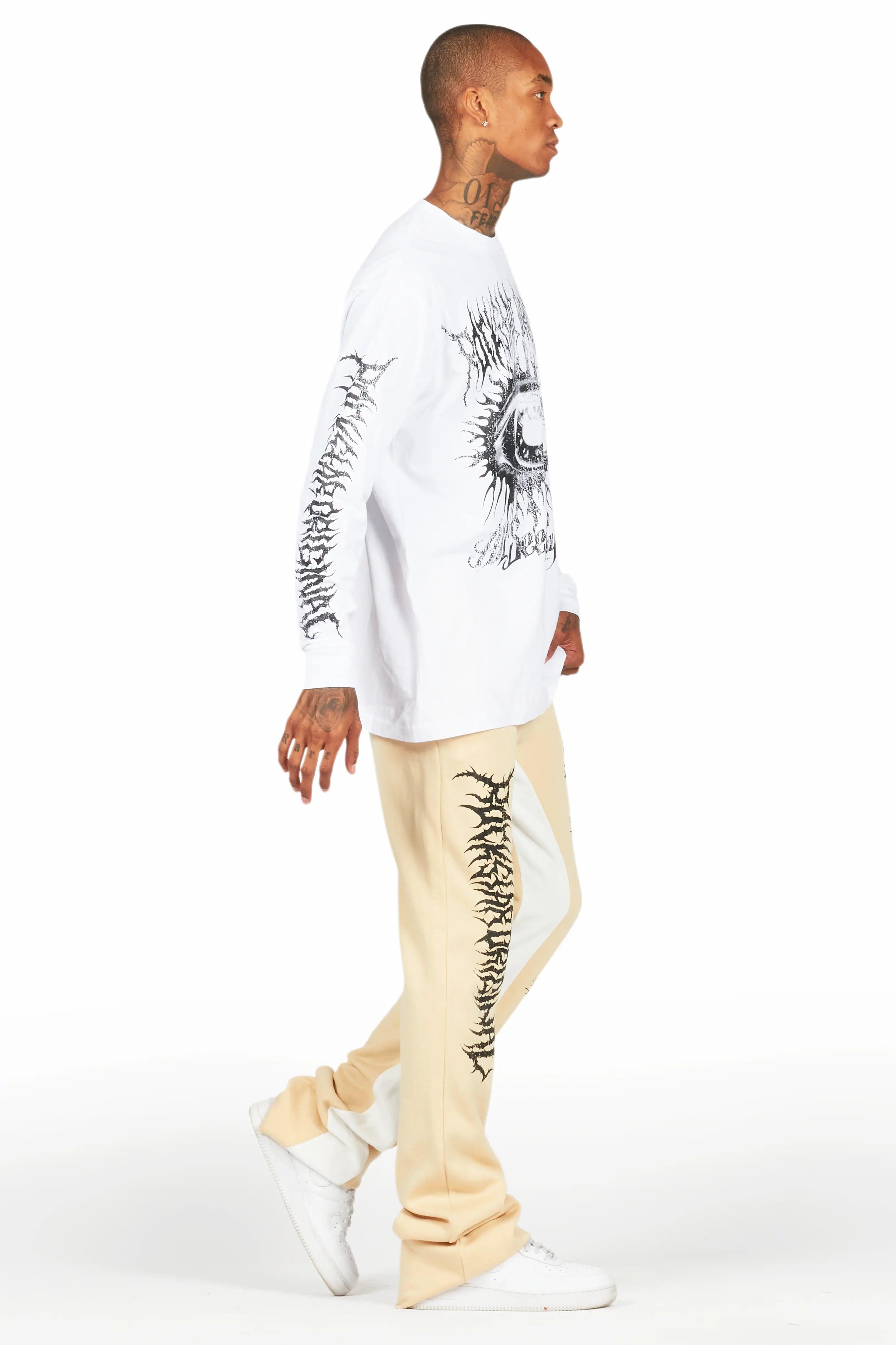 All Seeing Eyes White/Beige Long Sleeve T-Shirt/Baggy Pant Set Male Product Image