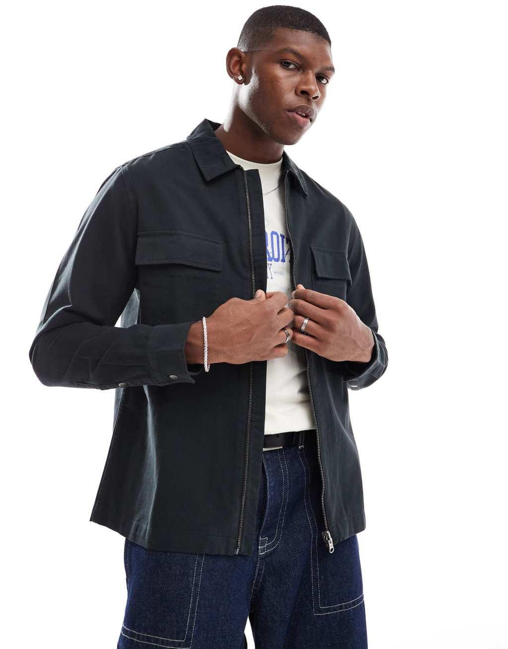 ASOS DESIGN twill zip through overshirt in washed black  Product Image