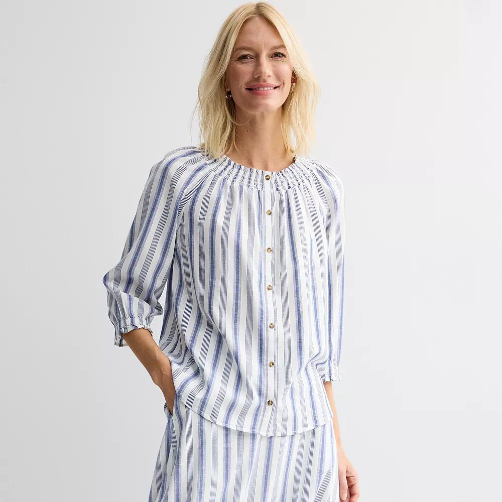 Women's Croft & Barrow Raglan Sleeve Smocked Top, Size: Large, Blue Stripe Product Image