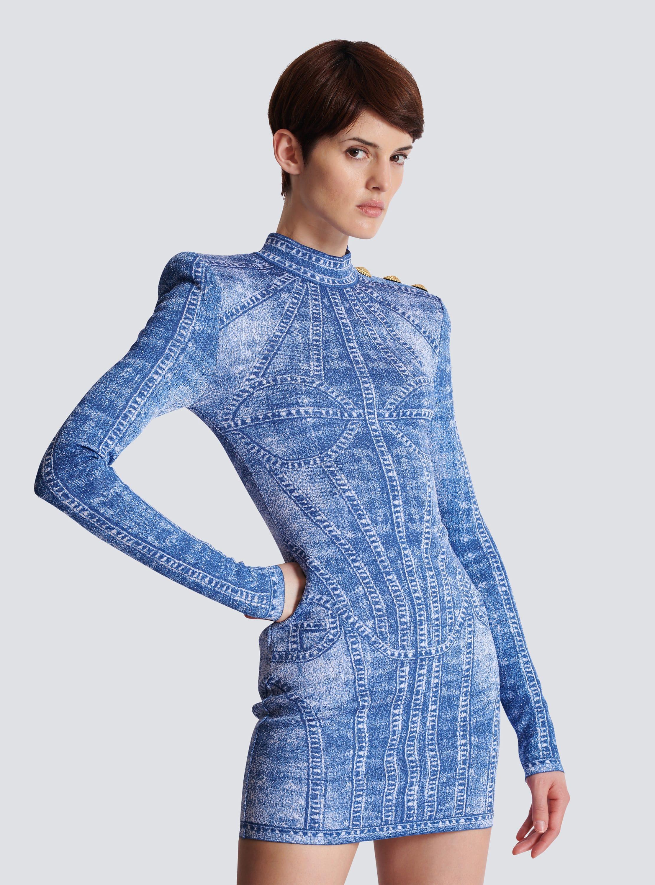 Short jacquard knit dress with denim effect Product Image