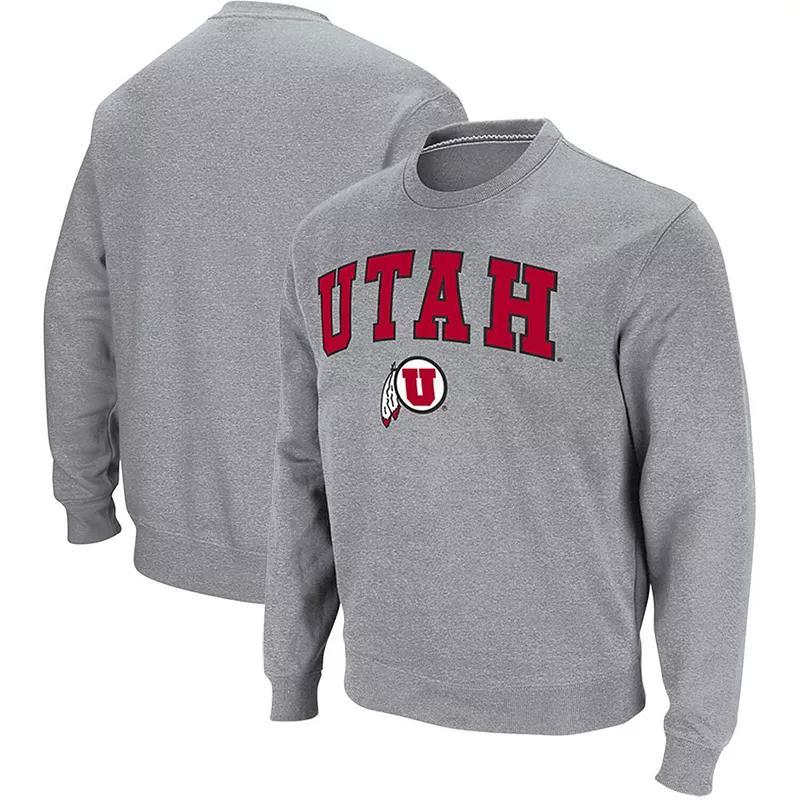 Men's Colosseum Heathered Gray Utah Utes Arch & Logo Tackle Twill Pullover Sweatshirt,  Product Image