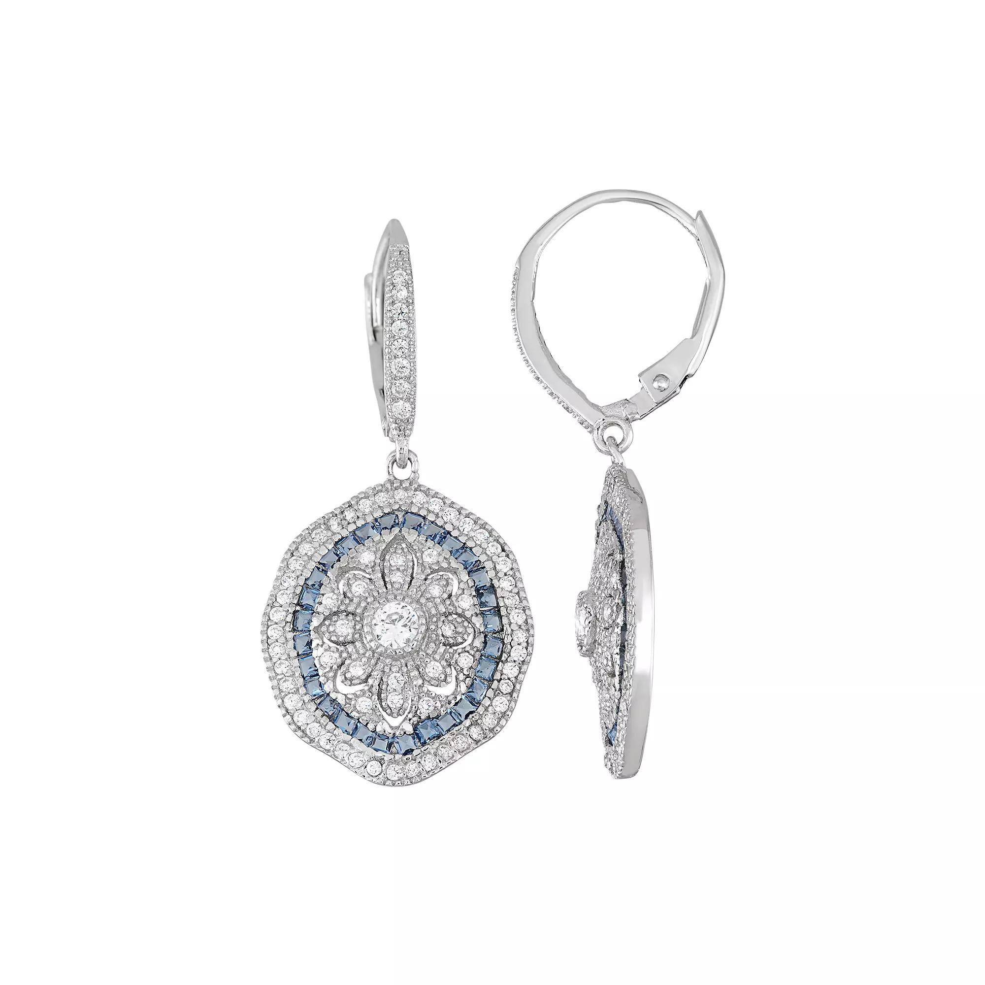 Sterling Silver Cubic Zirconia Flower Drop Earrings, Women's, Blue Product Image