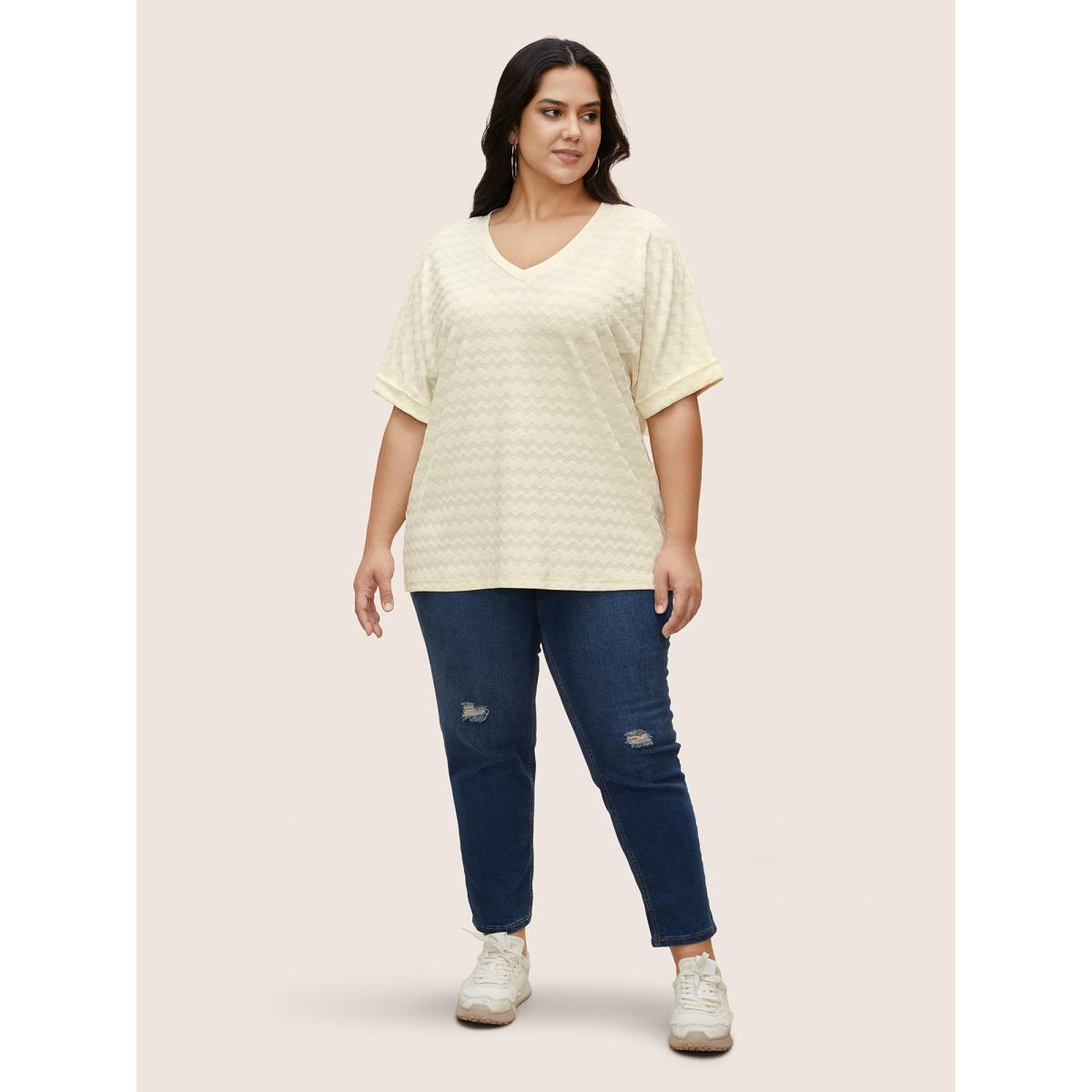 Plus Size V Neck Plain Textured Batwing Sleeve T-shirt Beige Women Casual Texture V-neck Everyday T-shirts BloomChic 30/6X Product Image