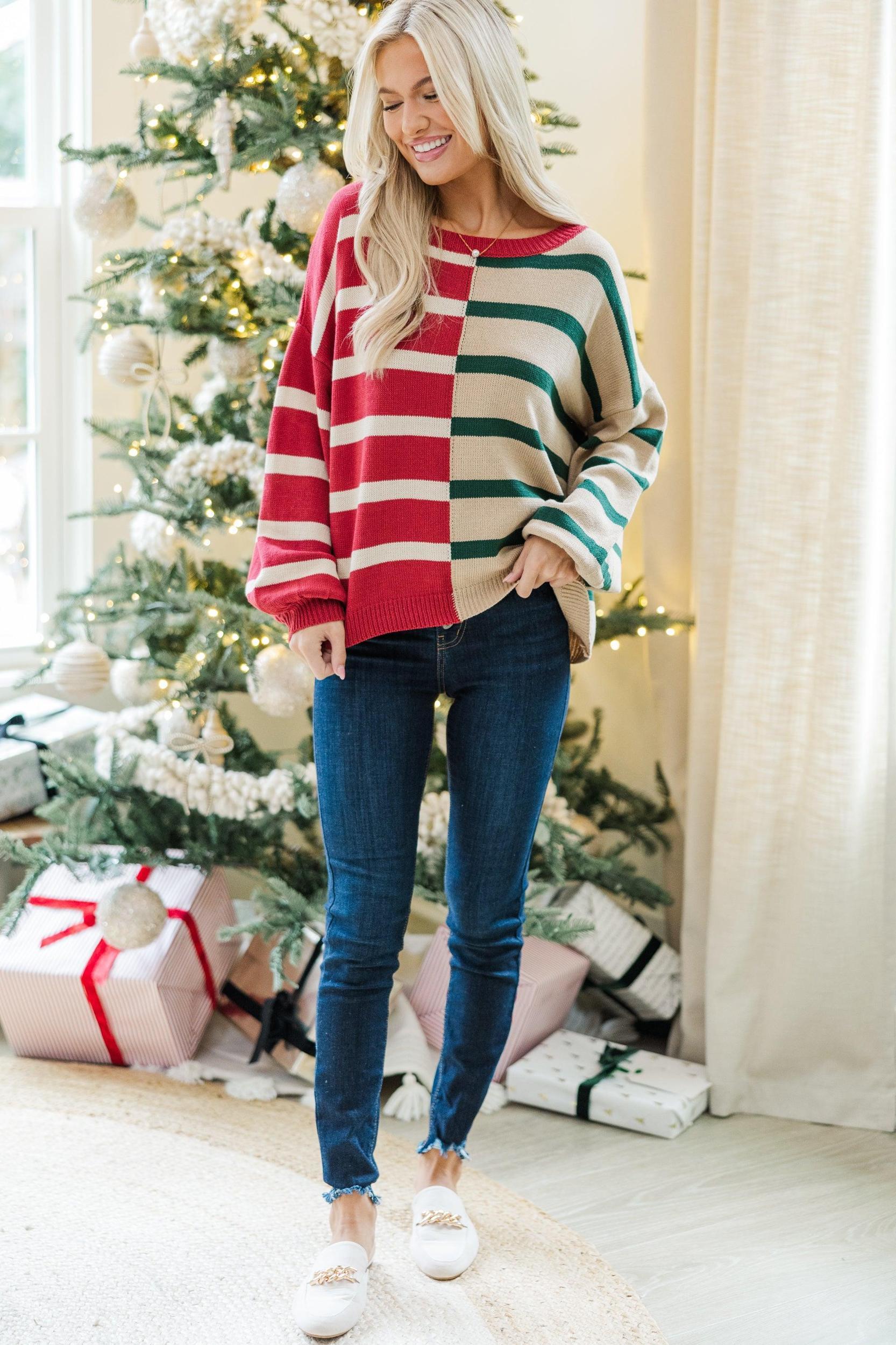 Ready For Anything Red/Green Striped Colorblock Sweater Female Product Image