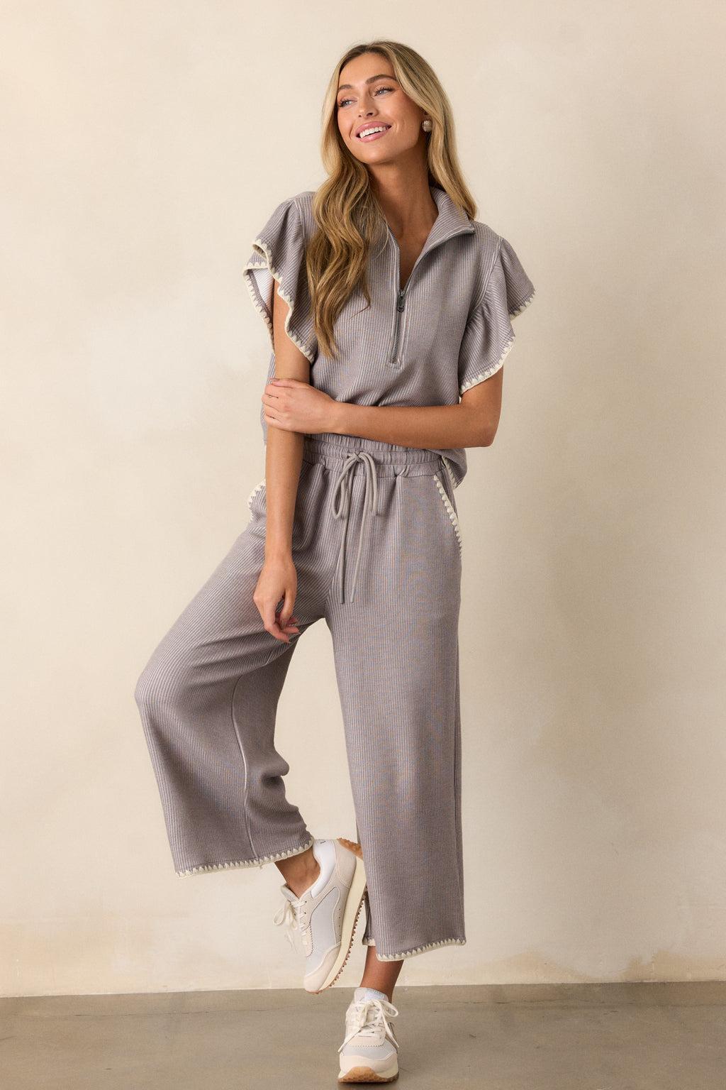Anytime Now Grey Blanket Stitch Wide Leg Pants Product Image