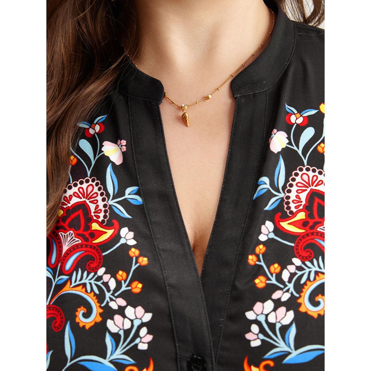 Plus Size Floral Print Ruffles Plicated Detail Dress Black Women Casual Printed Notched collar Elbow-length sleeve Curvy Midi Dress BloomChic 14-16/1X Product Image