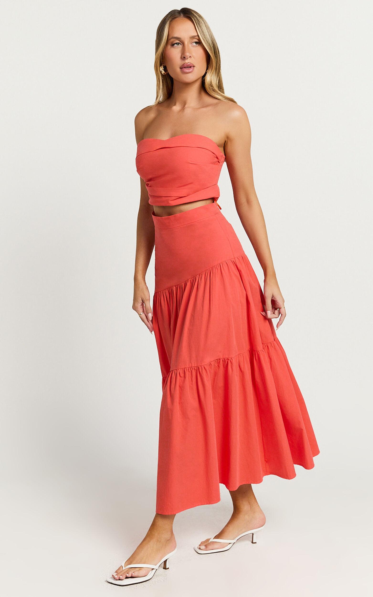 Schiffer Two Piece Set - Strapless Top and Tiered Midi Skirt in Red Product Image