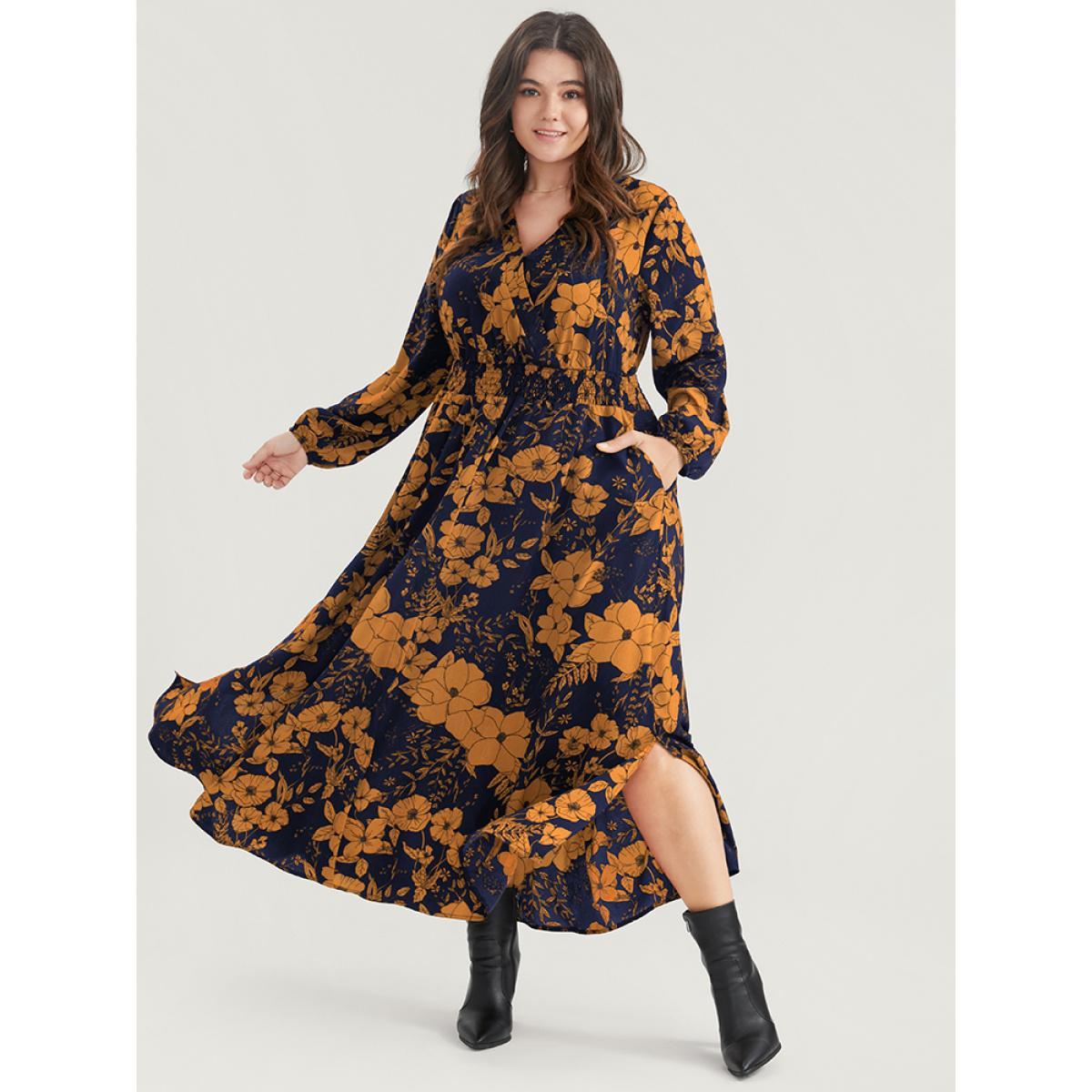Plus Size Floral Print Pocket Wrap Lantern Sleeve Split Hem Dress Yellow Women Elegant Pocket V-neck Long Sleeve Curvy Midi Dress BloomChic 22-24/3X Product Image
