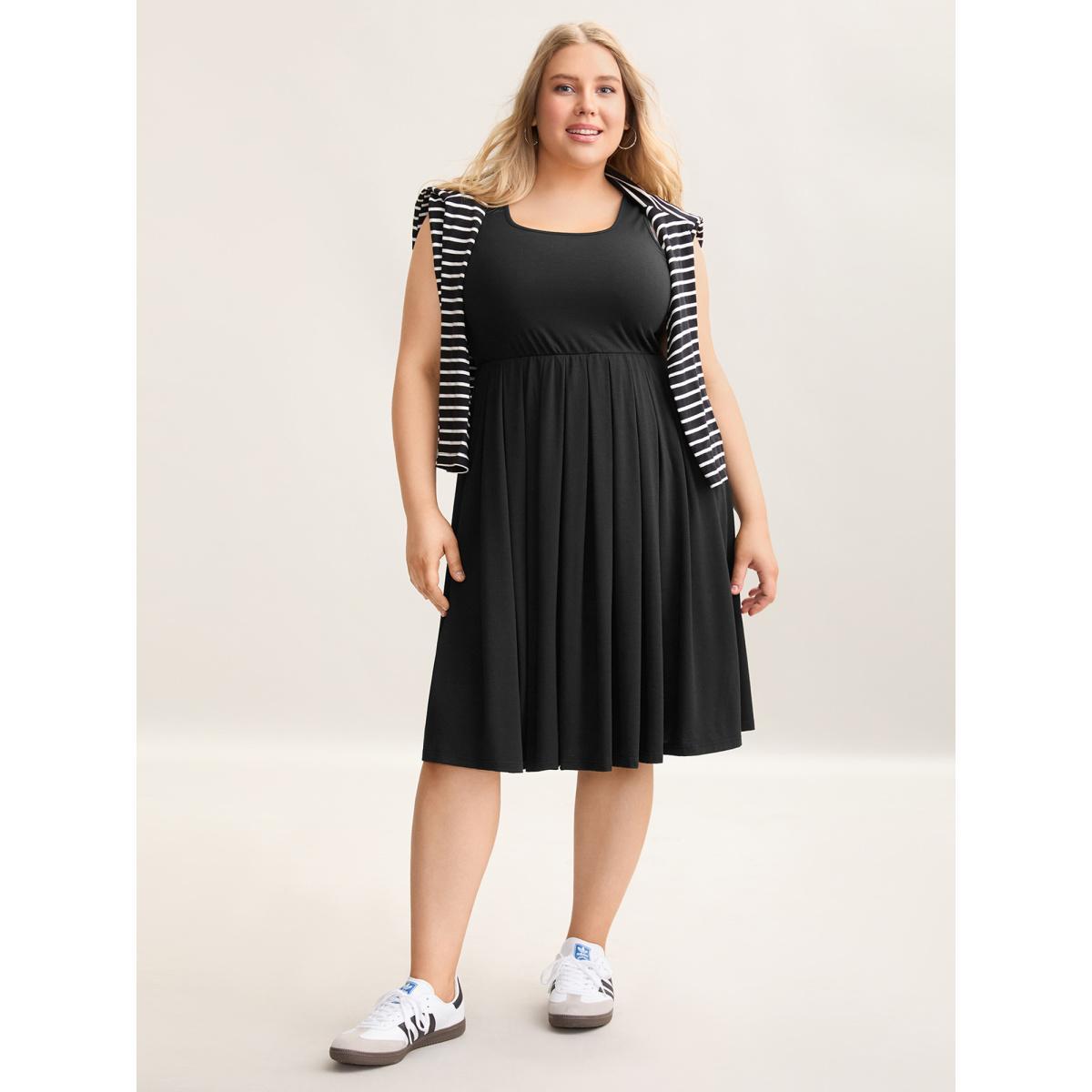 Plus Size Supersoft Essentials Pleated Stretchy Waist Midi Dress Pureblack Women Leisure Non Knit Dresses Bloomchic 18-20/2X Product Image