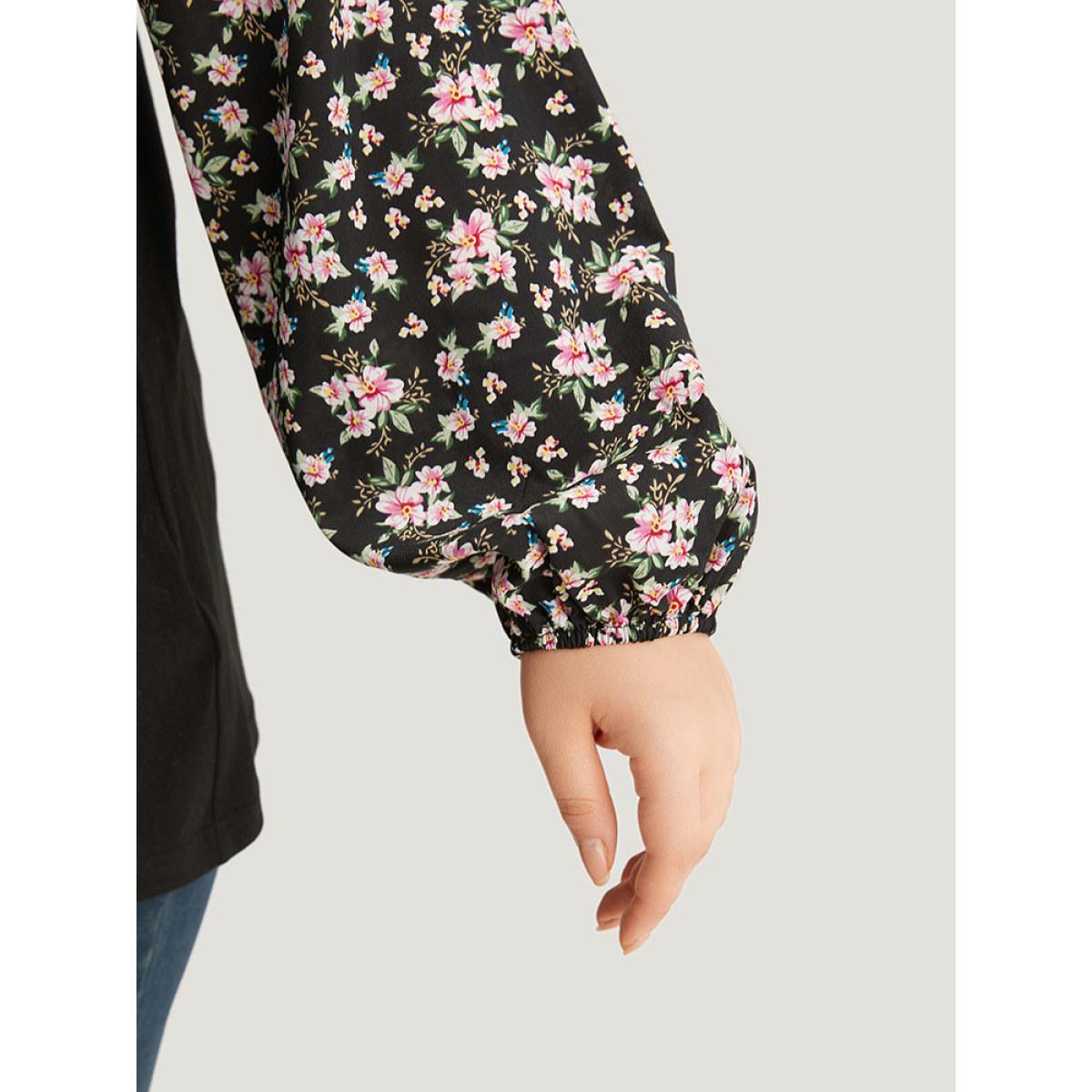 Plus Size Crew Neck Patchwork Ditsy Floral T-shirt Black Women Elegant Elastic cuffs Ditsy Floral Round Neck Dailywear T-shirts BloomChic 22-24/3X Product Image