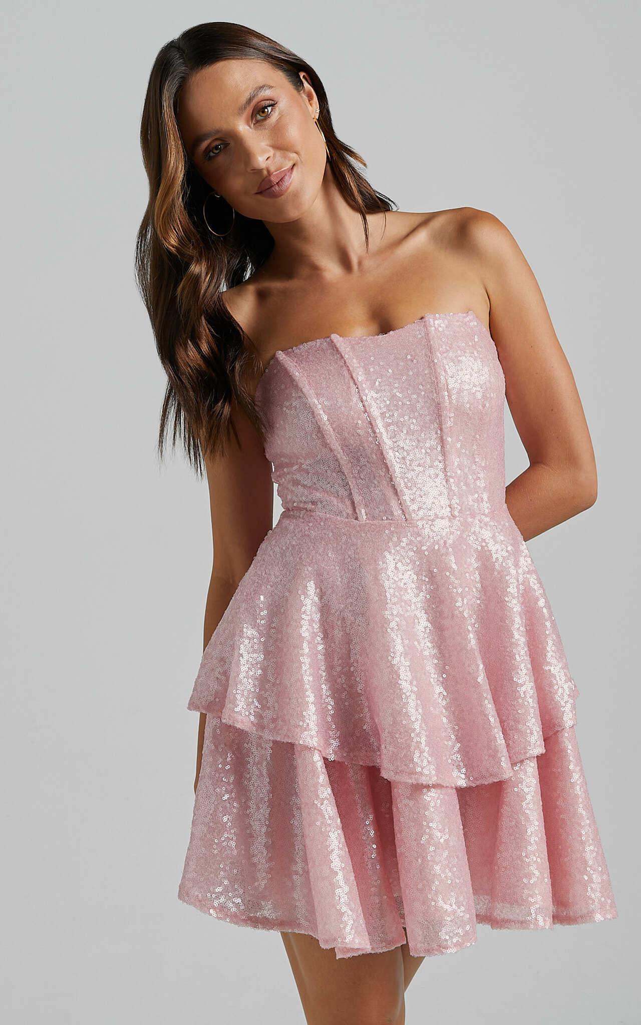 Mabel Mini Dress - Strapless Sweetheart Neck Tiered in Pink Product Image