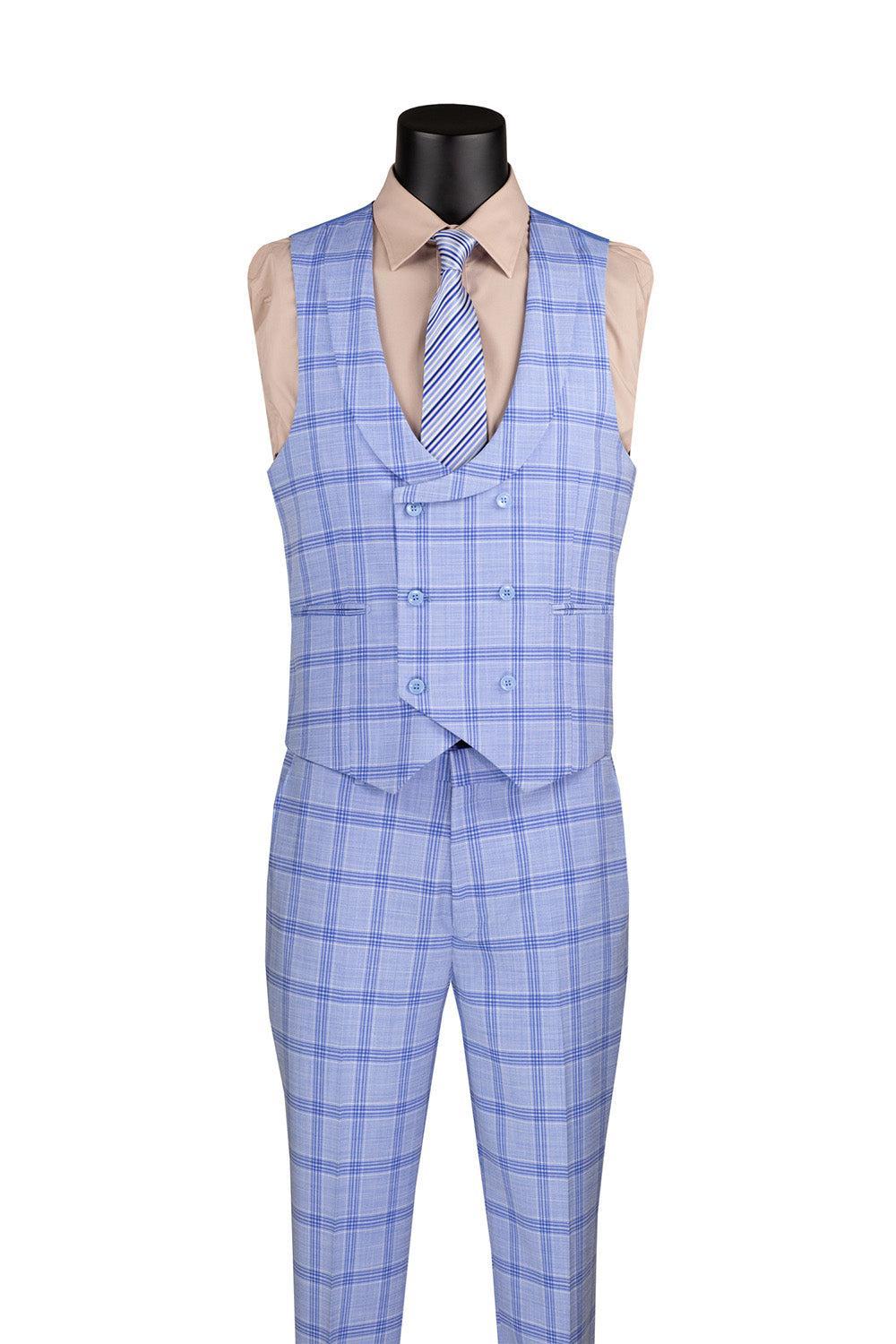 Modern Fit Windowpane Suit 3 Piece with U-Neck Vest in Light Blue Product Image