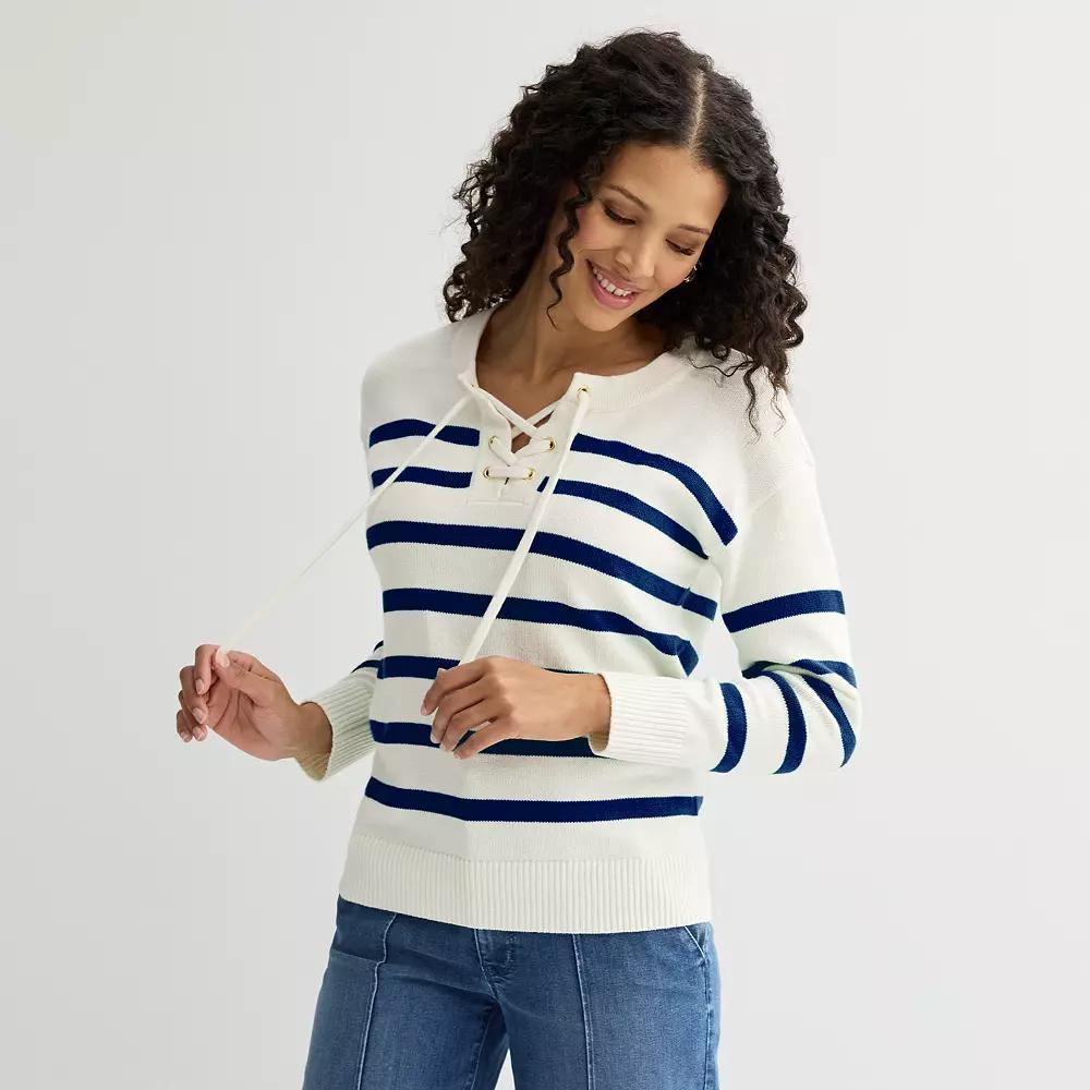 Women's Croft & Barrow® Lace-Up Drop Shoulder Pullover Sweater, Size: XL, Blue Mariner Stripe Product Image