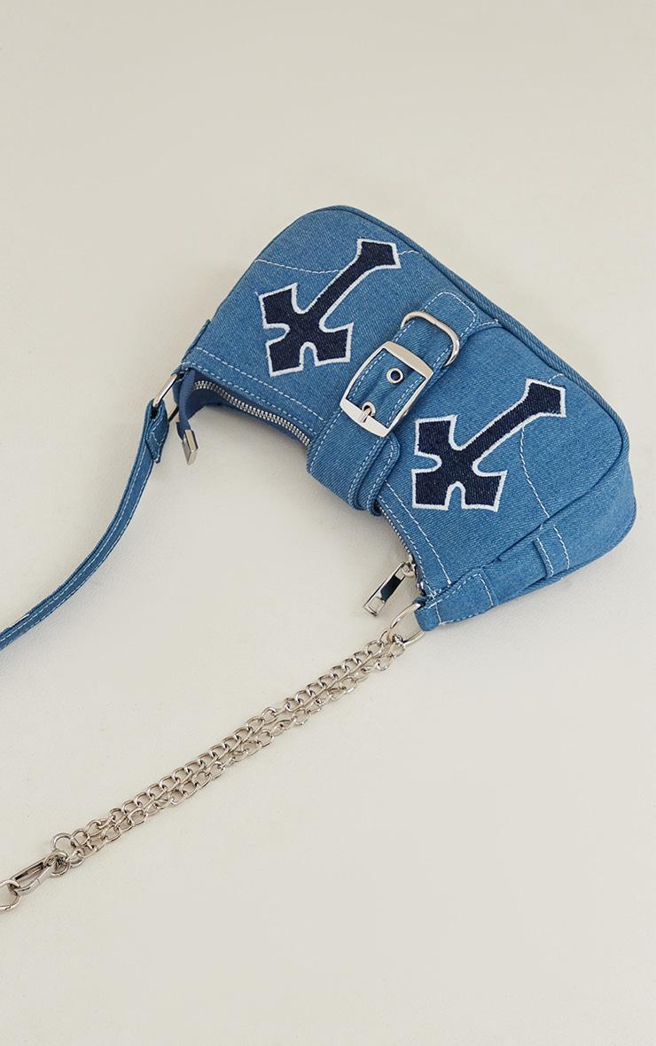 Denim Contrast Stitch Cross Applique Buckle Shoulder Bag Product Image