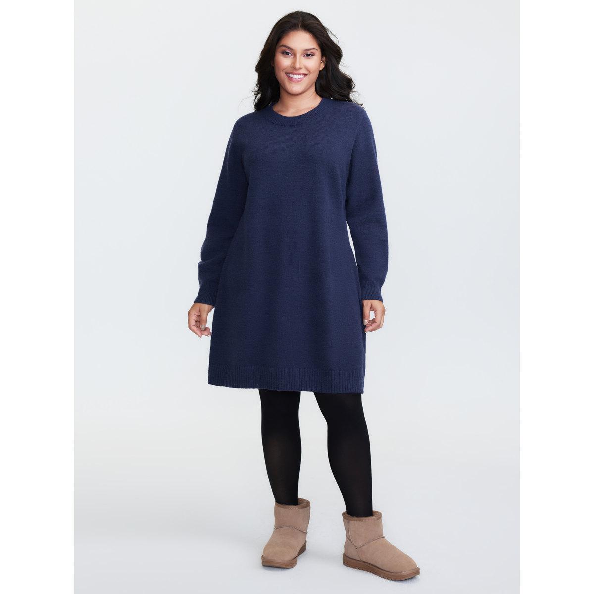 Plus Size Crew Neck Solid Midi Sweater Dress Indigo Women Leisure Bodycon Long Sleeve Casual Sweater Dresses BloomChic 30/6X Product Image