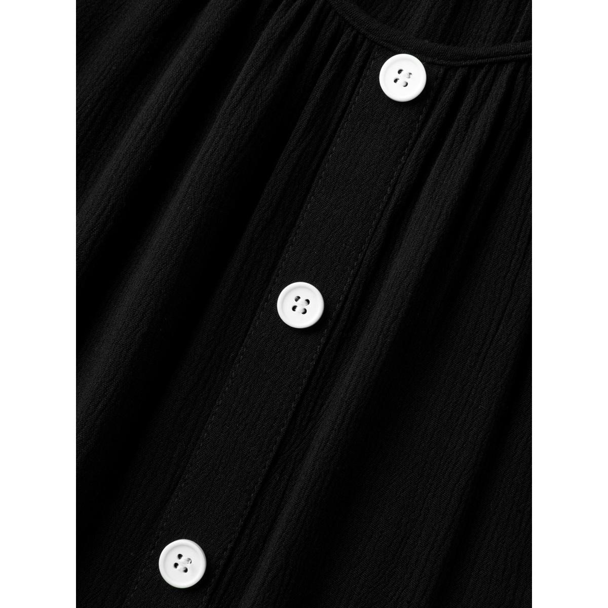 Plus Size Black Textured Button Detail Pleated Solid Top Women Short sleeve Round Neck Everyday-Elegant Blouses BloomChic 22-24/3X Product Image